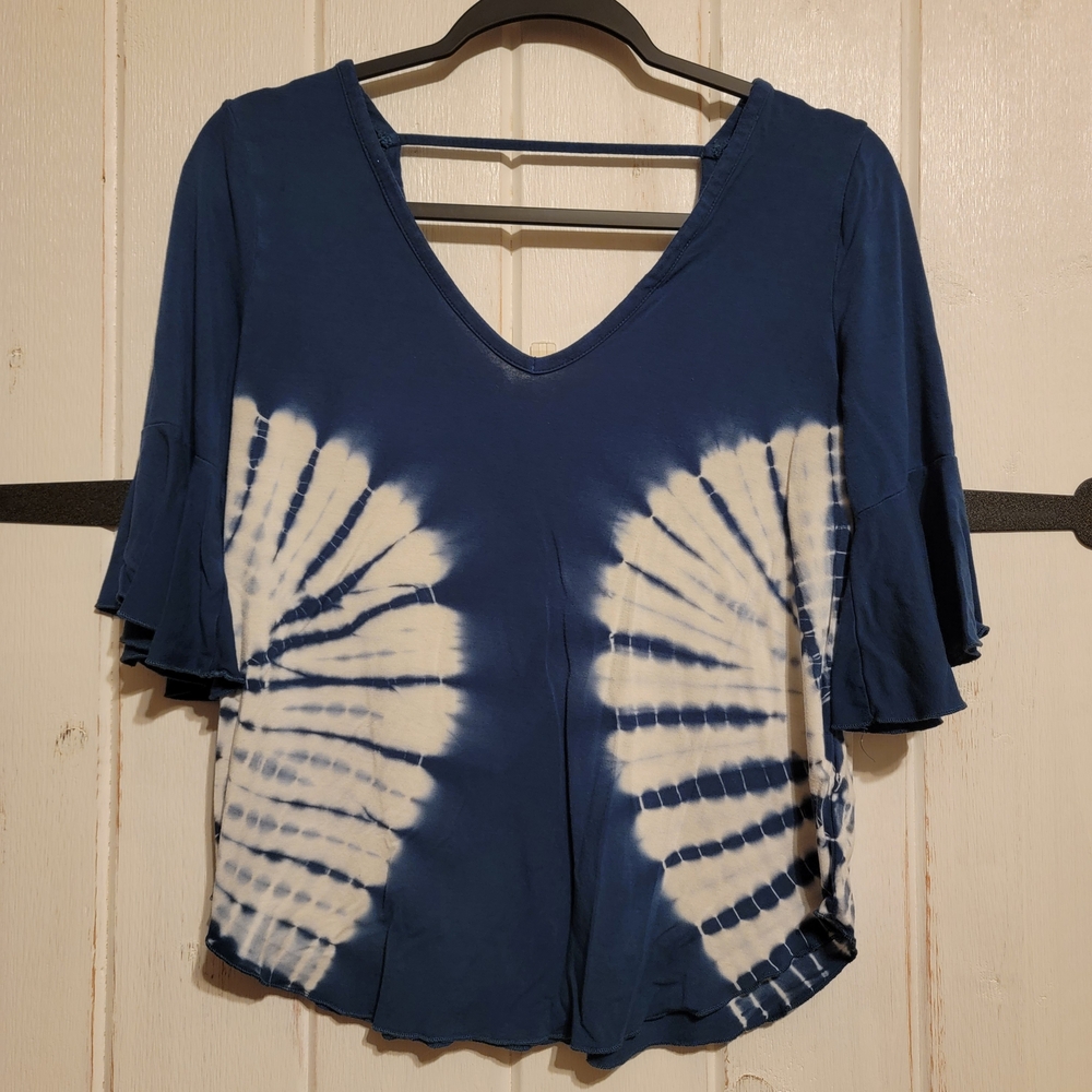 Chaser Top Blue White Tie-Dye Boho Flowy V-Neck Summer Size XS